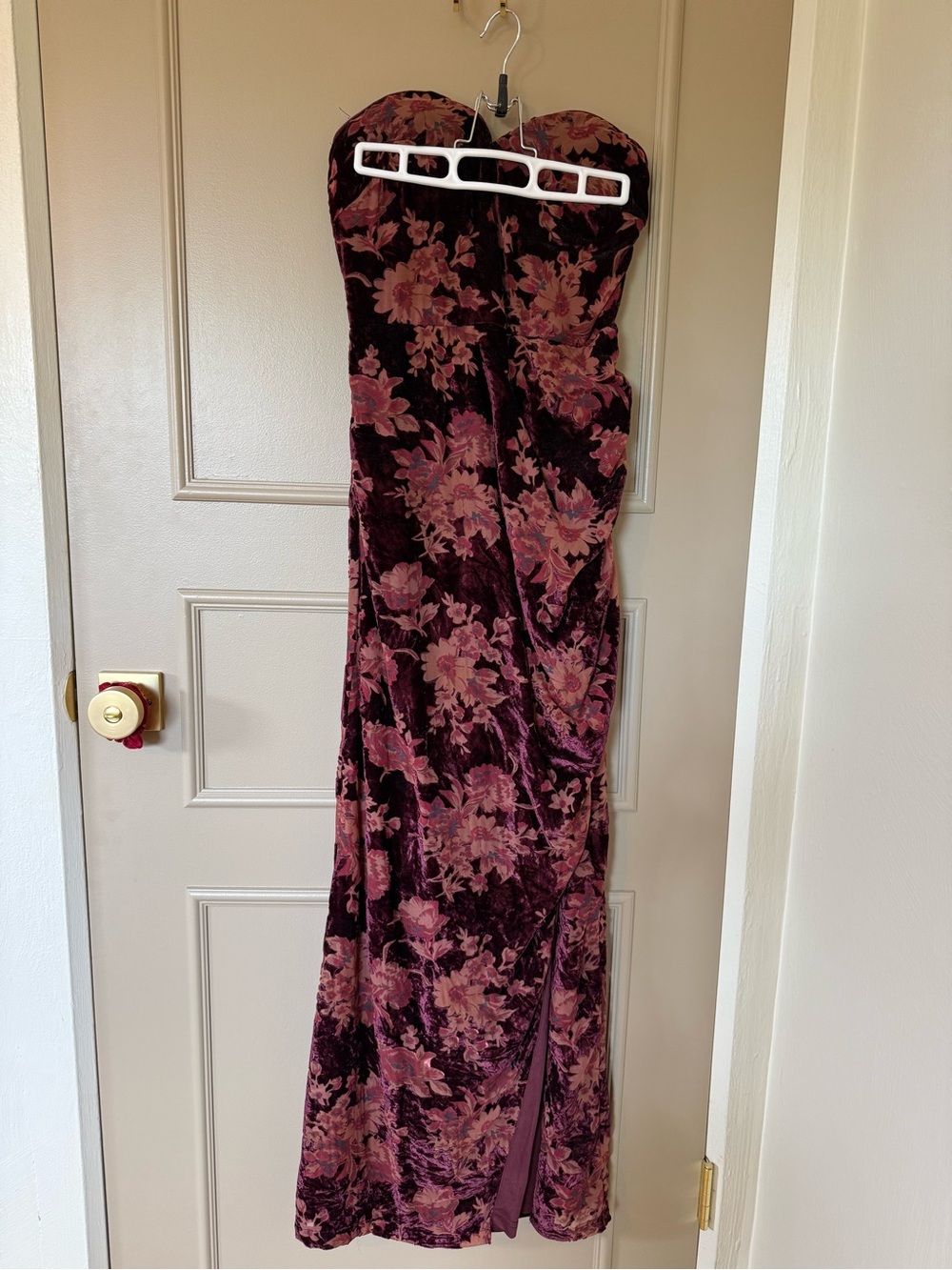 Lulu's Strapless Velvet Floral Gown in Burgundy and Dusty Rose